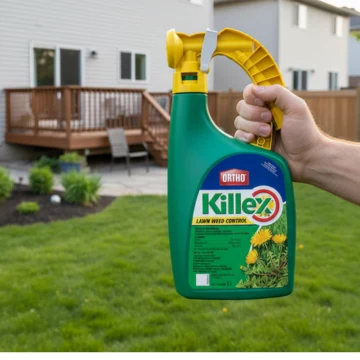 Killex Ready-To-Spray bottle held in hand on a backyard lawn