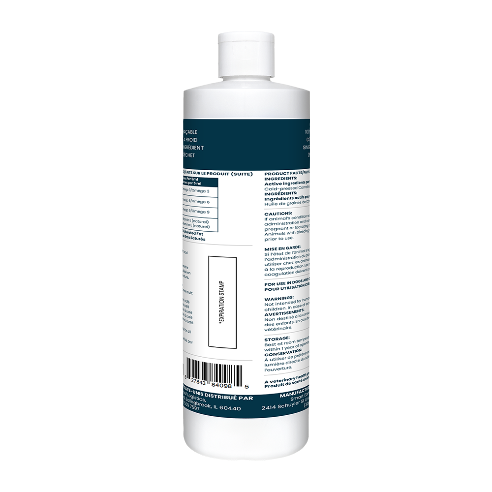 Back of the Smart Earth Camelina Oil for Canine 16 oz bottle