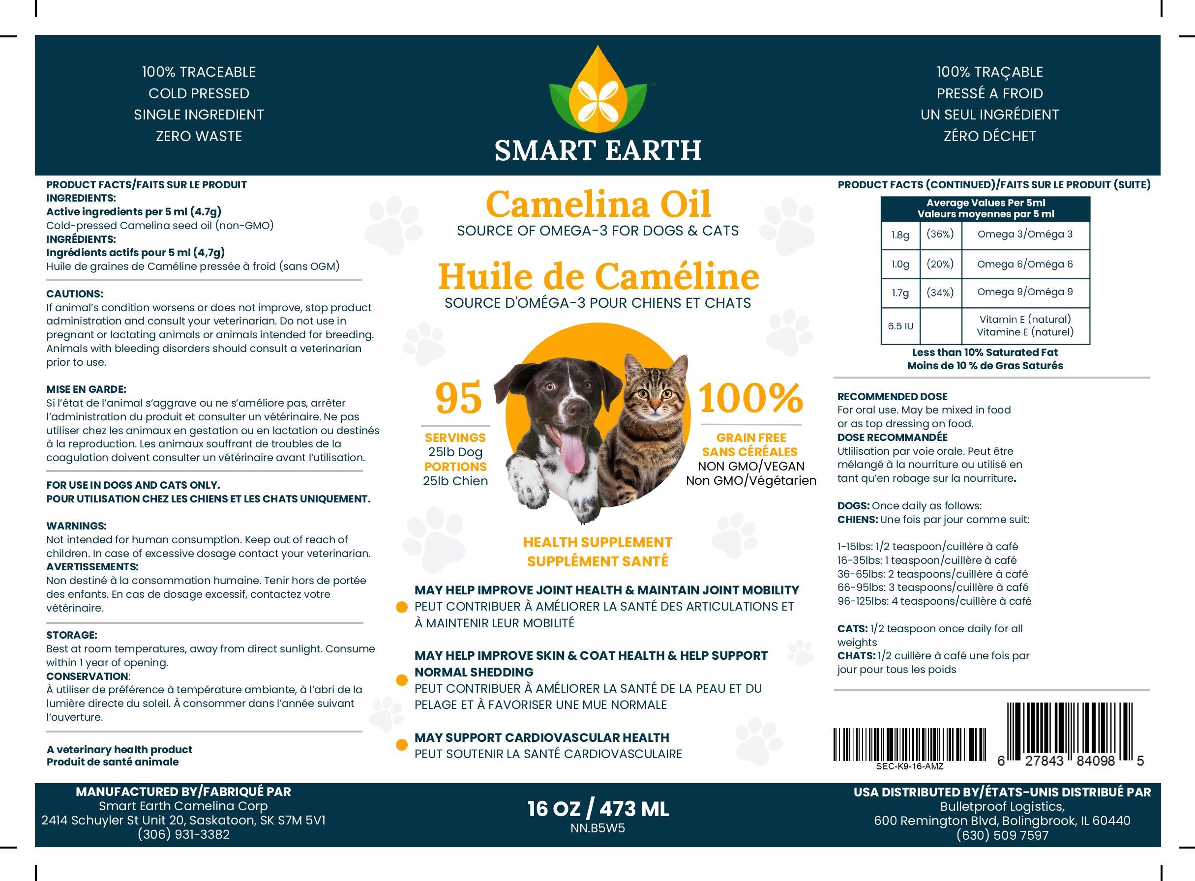 Smart Earth Camelina Oil for dogs and cats — product facts and dosage label