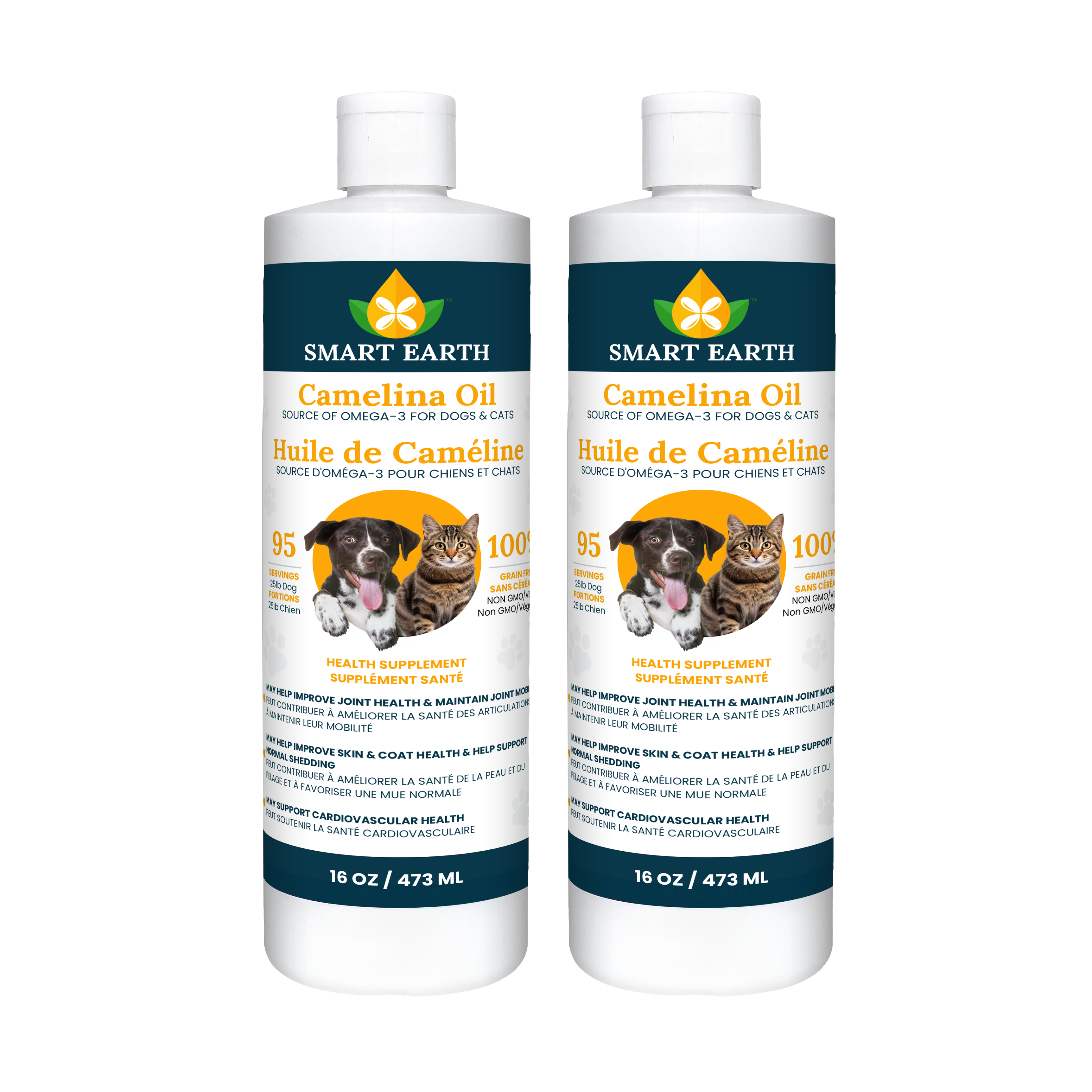 Two 16 oz bottles of Smart Earth Camelina Oil for dogs and cats