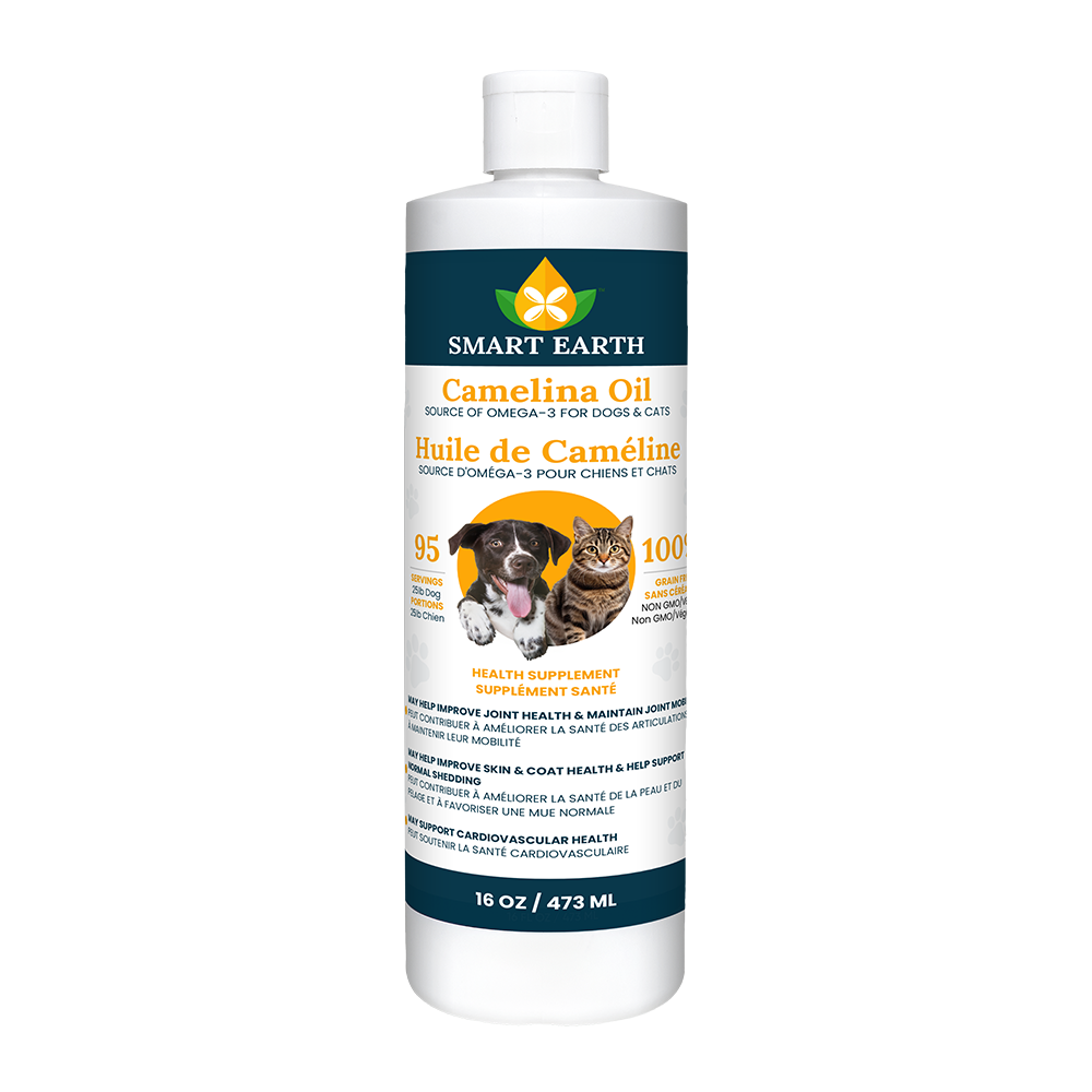 A single 16 oz bottle of Smart Earth Camelina Oil for dogs and cats