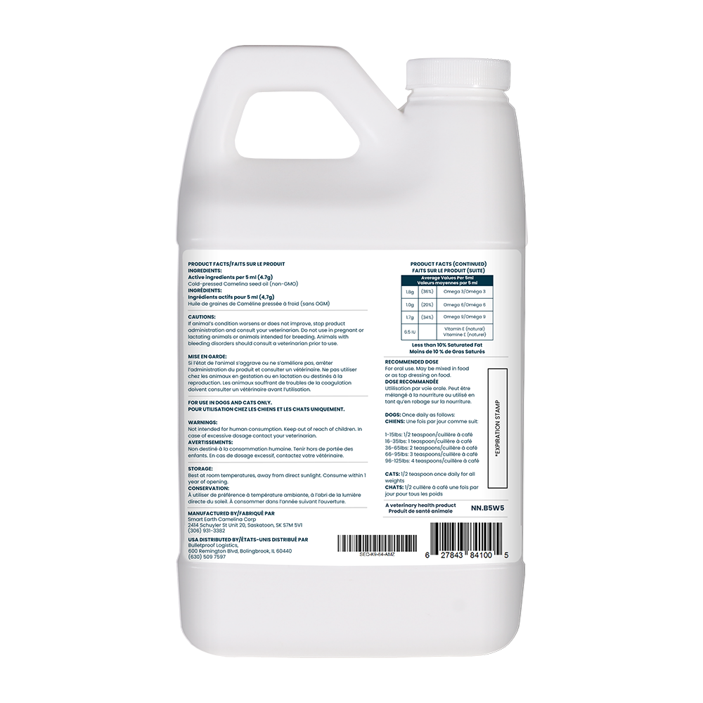 Back label of the Smart Earth Camelina Oil for Canine 64 oz jug