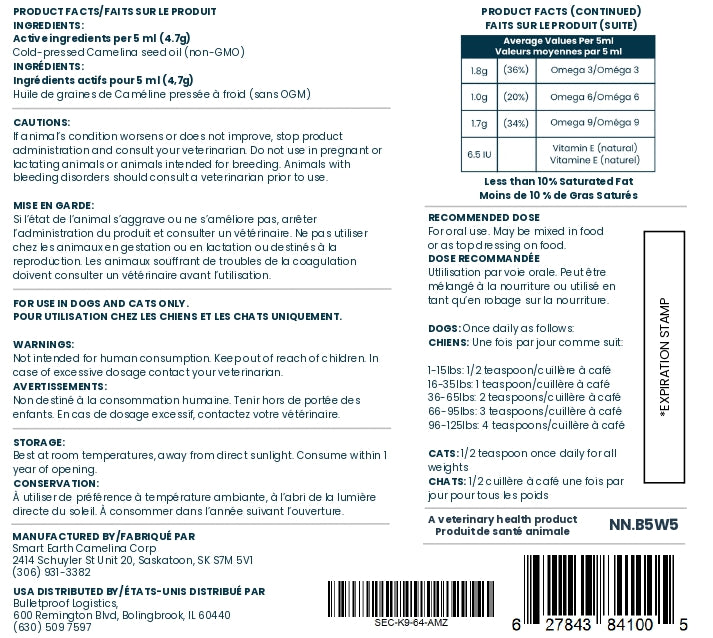 Smart Earth Camelina Oil for dogs and cats — product facts and dosage label