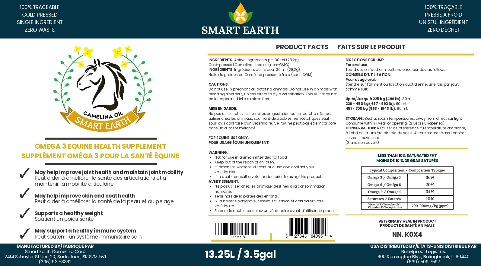 Smart Earth Camelina Oil for Equine 13.25 L pail label — product facts, feeding rates and ingredients