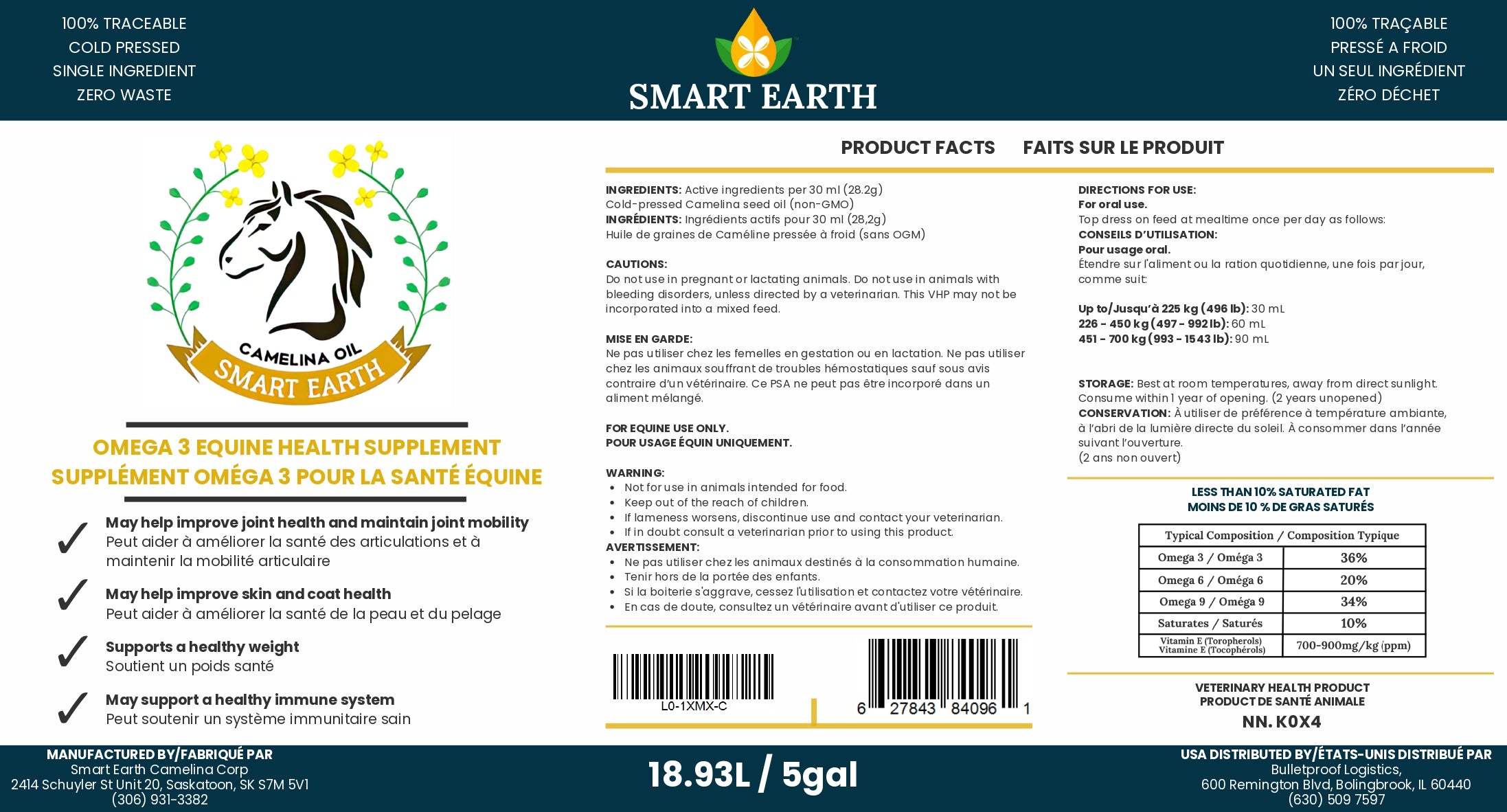 Smart Earth Camelina Oil for Equine 18.93 L pail label — product facts, feeding rates and ingredients
