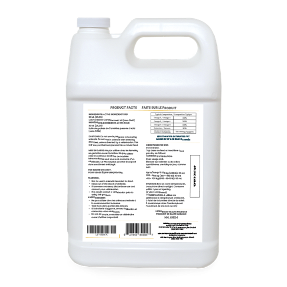 Back label of the Smart Earth Camelina Oil for Equine 3.78 L jug