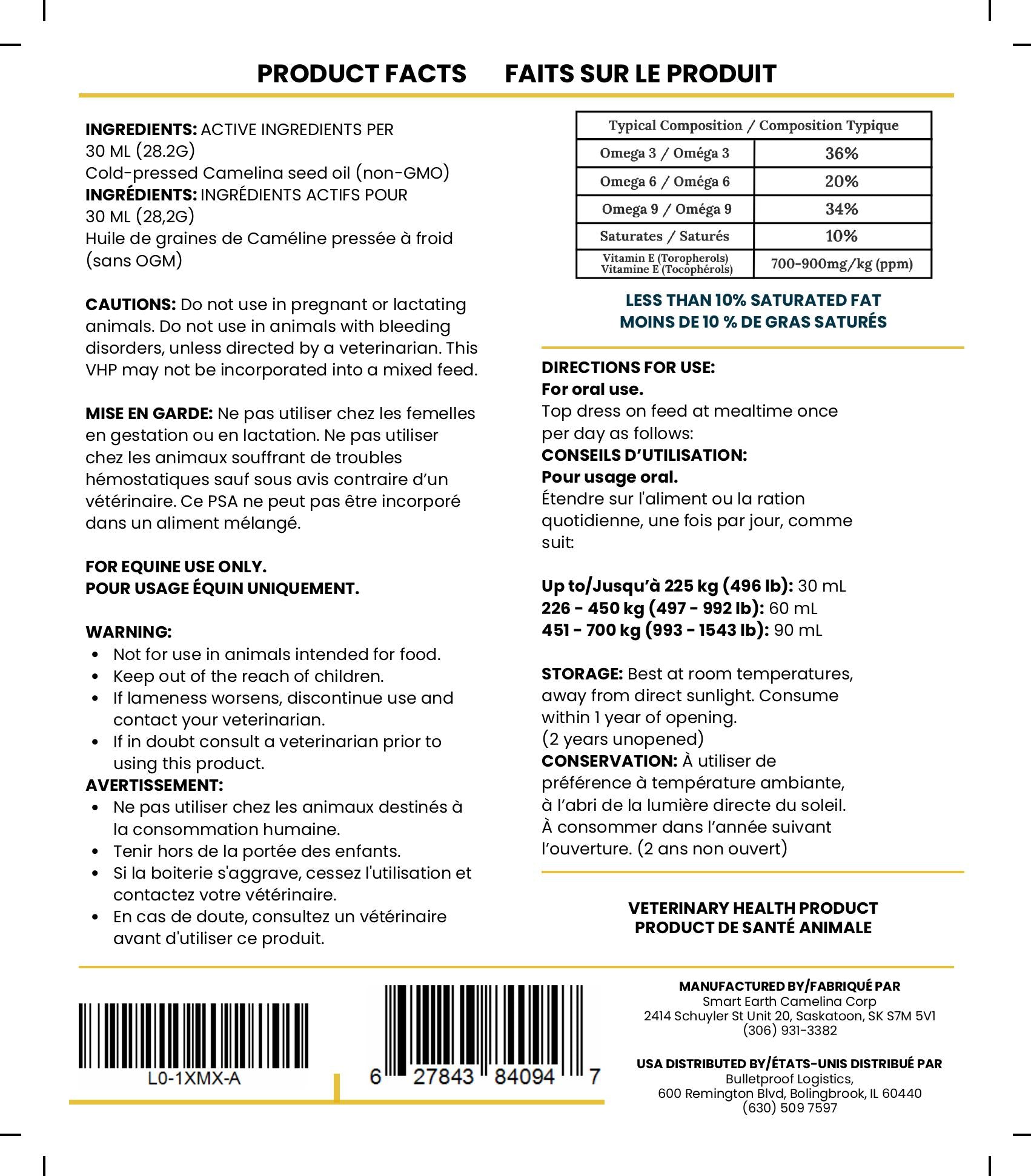Smart Earth Camelina Oil for Equine — product facts, feeding rates and ingredients label