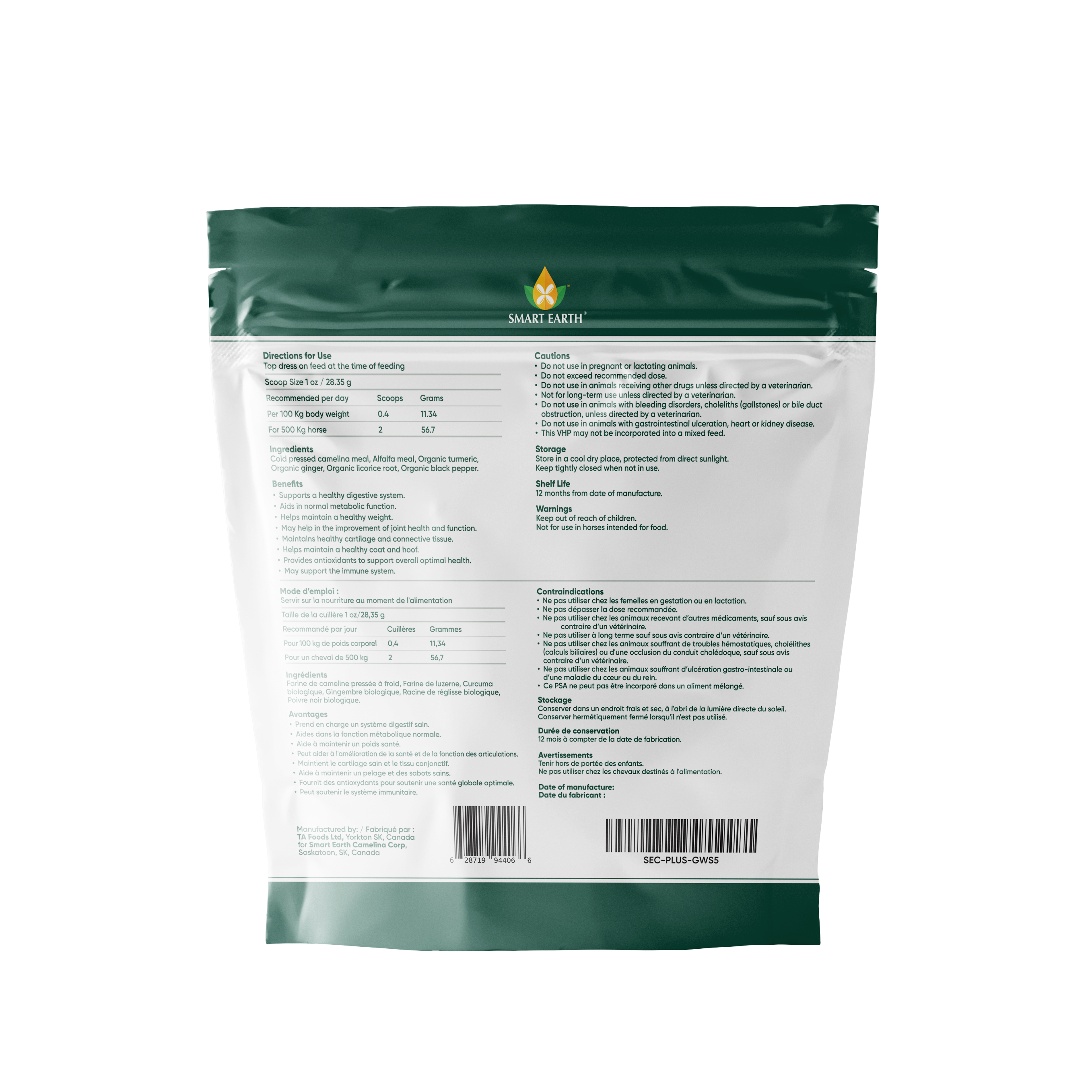 Back of the Smart Earth Camelina Plus bag — directions, ingredients and cautions