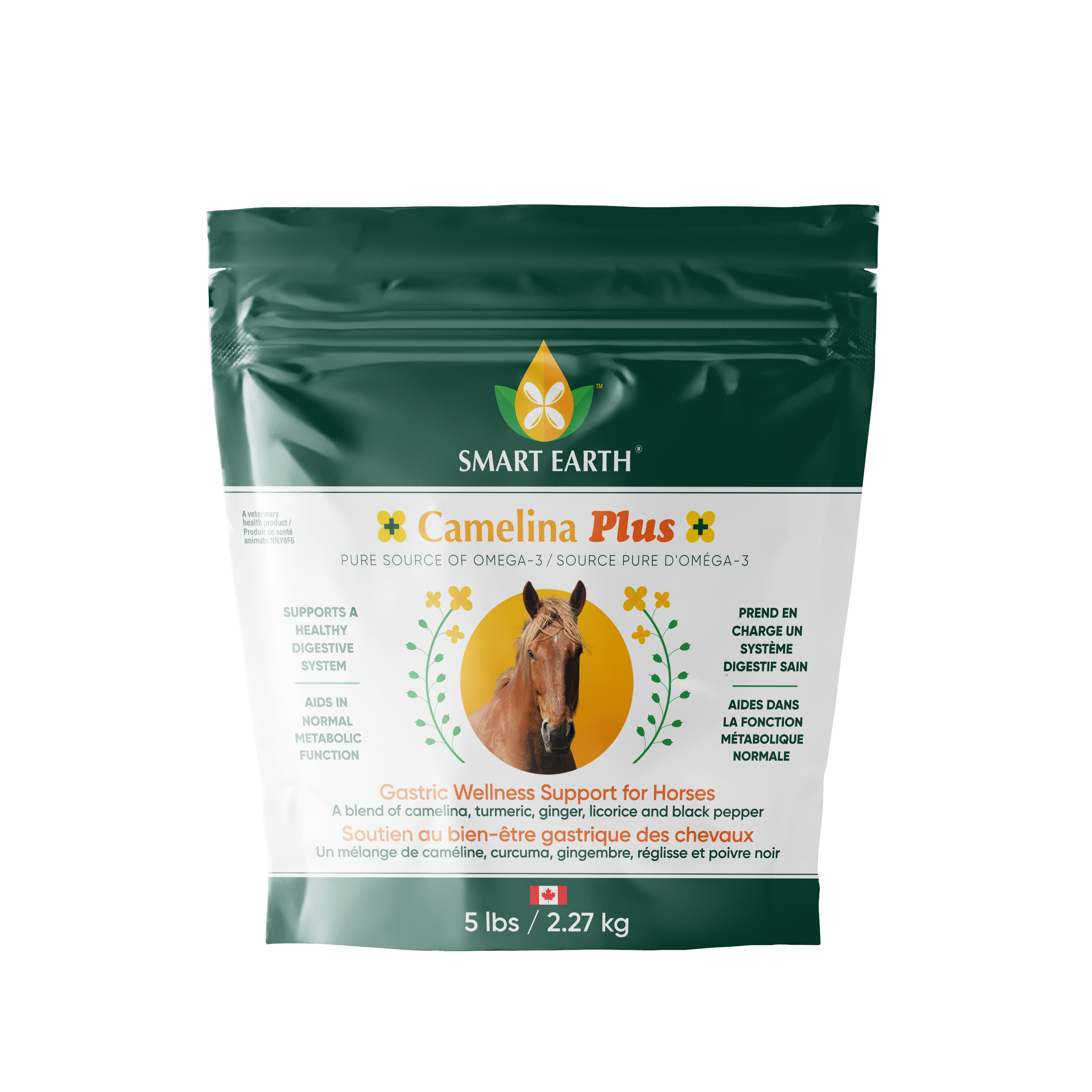 Front of a single Smart Earth Camelina Plus Gastric Wellness Support bag