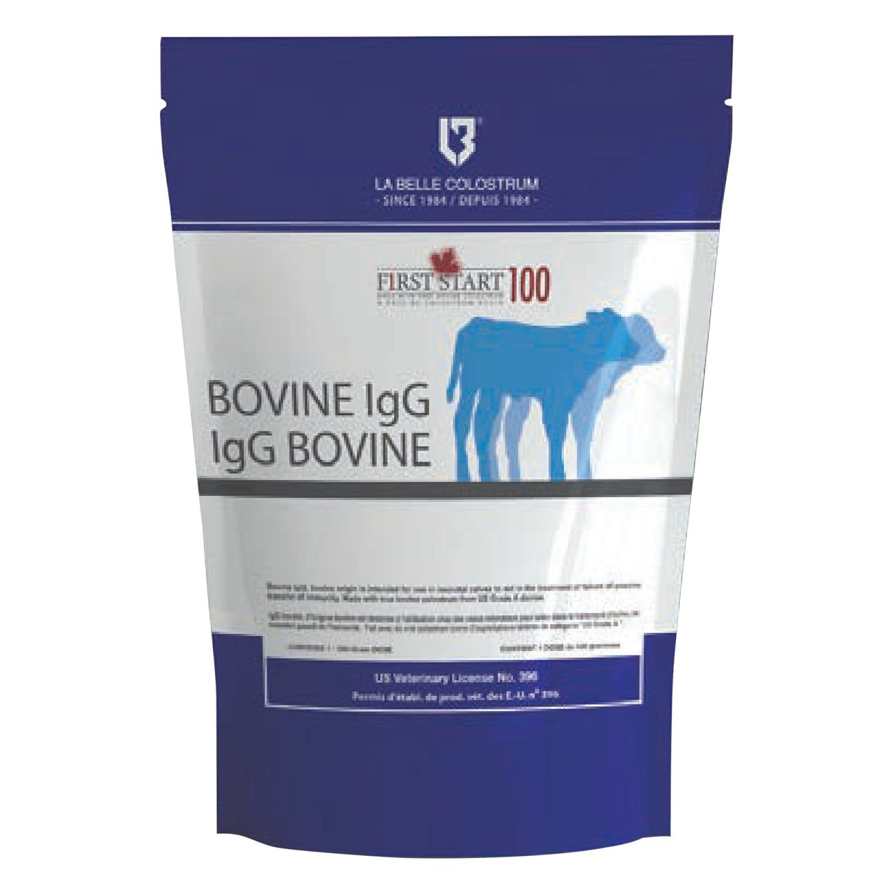 La Belle First Start 100 bovine IgG colostrum replacer for newborn calves, blue pouch