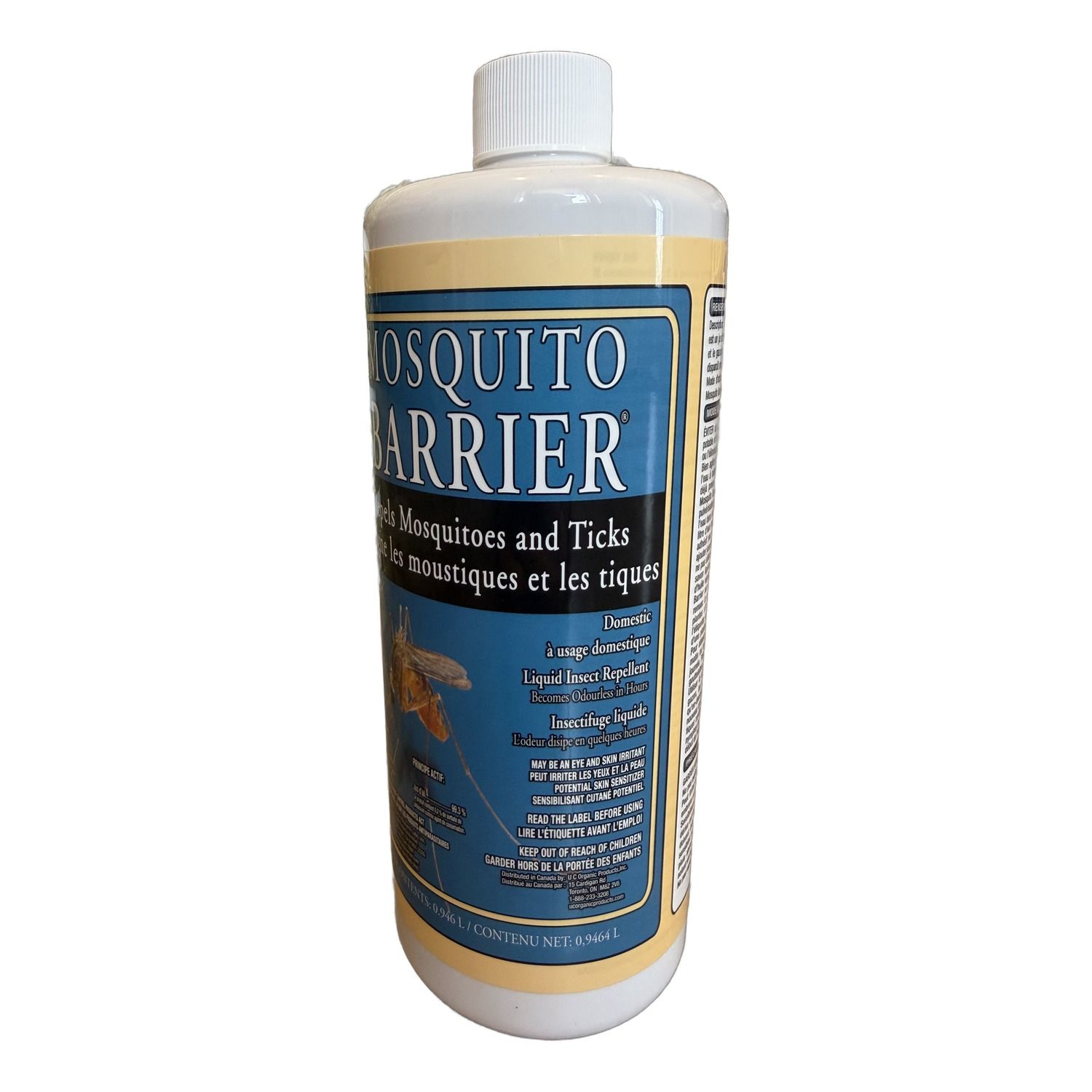 Mosquito Barrier 946 mL concentrate label: garlic juice 99.3%, repels mosquitoes and ticks
