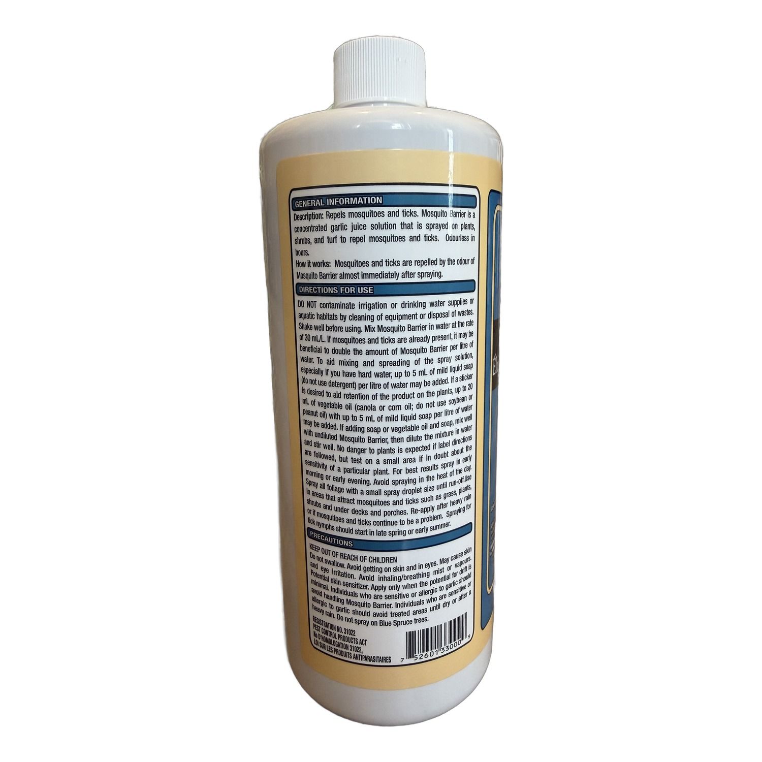Mosquito Barrier 946 mL concentrate directions for use and precautions label