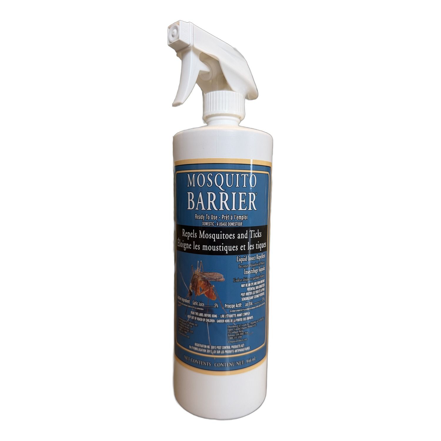Mosquito Barrier Ready To Use label: garlic juice 5%, PCP 32013, repels mosquitoes and ticks
