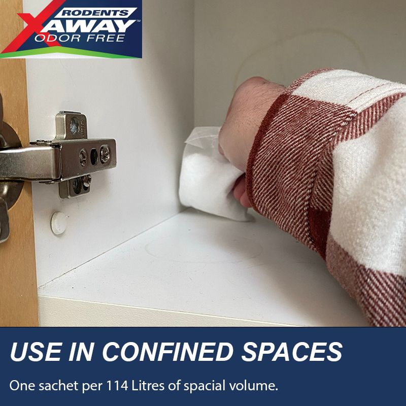Rodents Away Odor Free sachet placed in a cupboard — one sachet per 114 litres of enclosed space