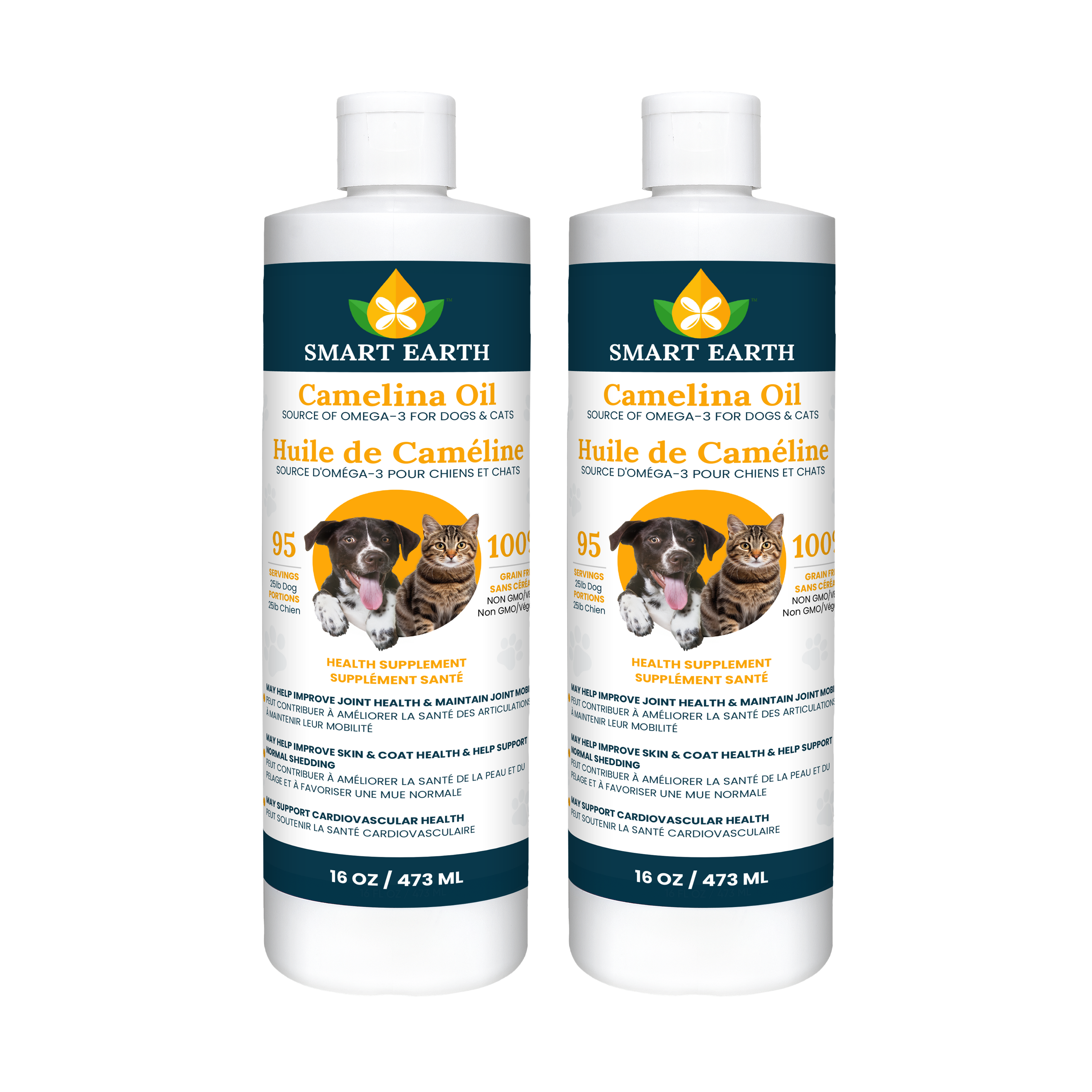 Two 16 oz bottles of Smart Earth Camelina Oil for dogs and cats