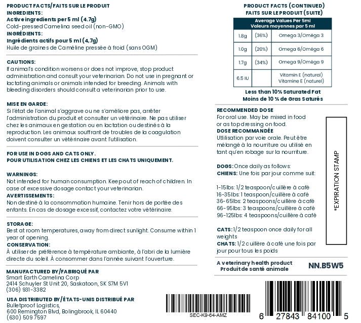 Smart Earth Camelina Oil for dogs and cats — product facts and dosage label