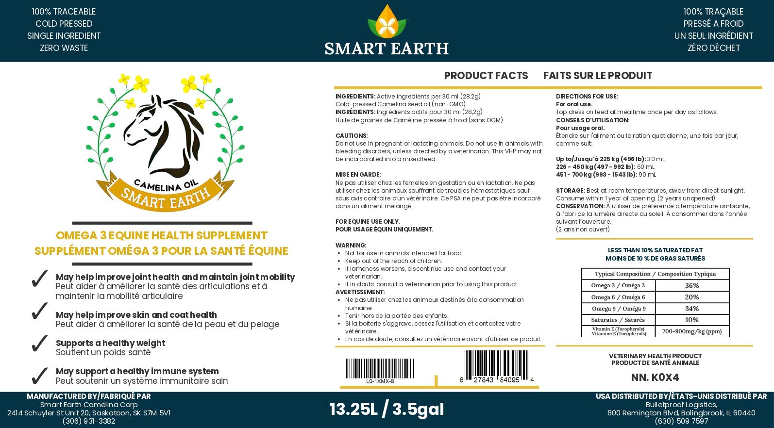 Smart Earth Camelina Oil for Equine 13.25 L pail label — product facts, feeding rates and ingredients