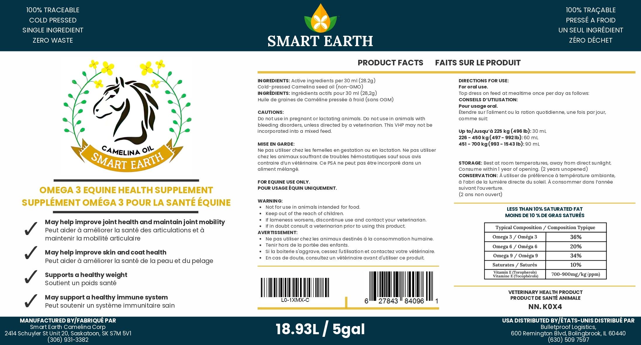 Smart Earth Camelina Oil for Equine 18.93 L pail label — product facts, feeding rates and ingredients