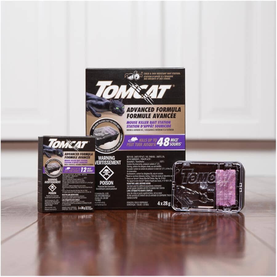Tomcat Advanced Formula 4-pack box with the disposable mouse bait stations it contains